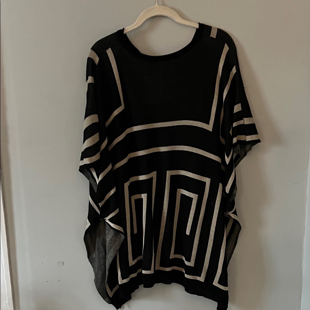 Premium Geometric Maze Print Kimono Cardigan Poncho Black /Tan